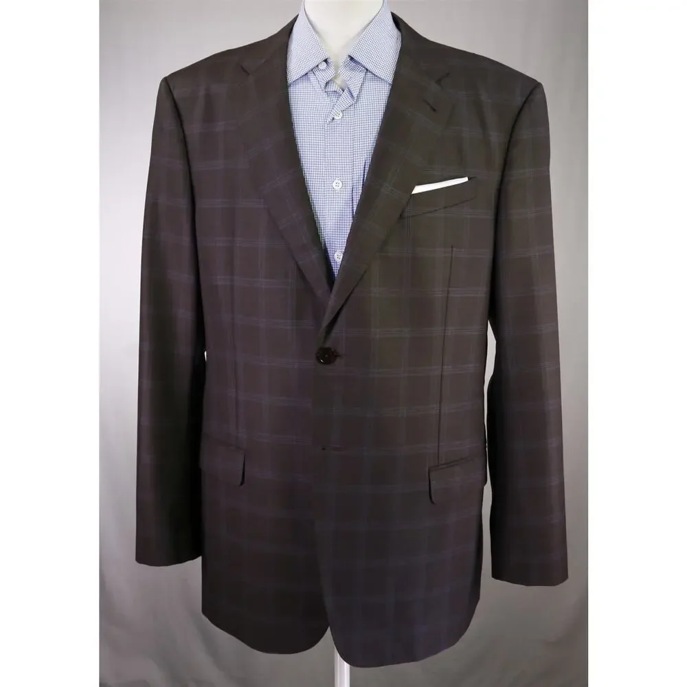 Armani Collezioni Brown w/ Sky Blue Windowpane Wool 2-Btn Sportcoat Blazer 44L